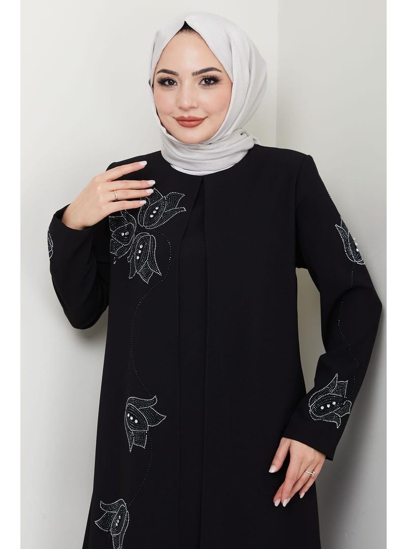 Büyük Beden Lale Taşlı Anne Elbisesi Siyah HM2692 - Resim 3
