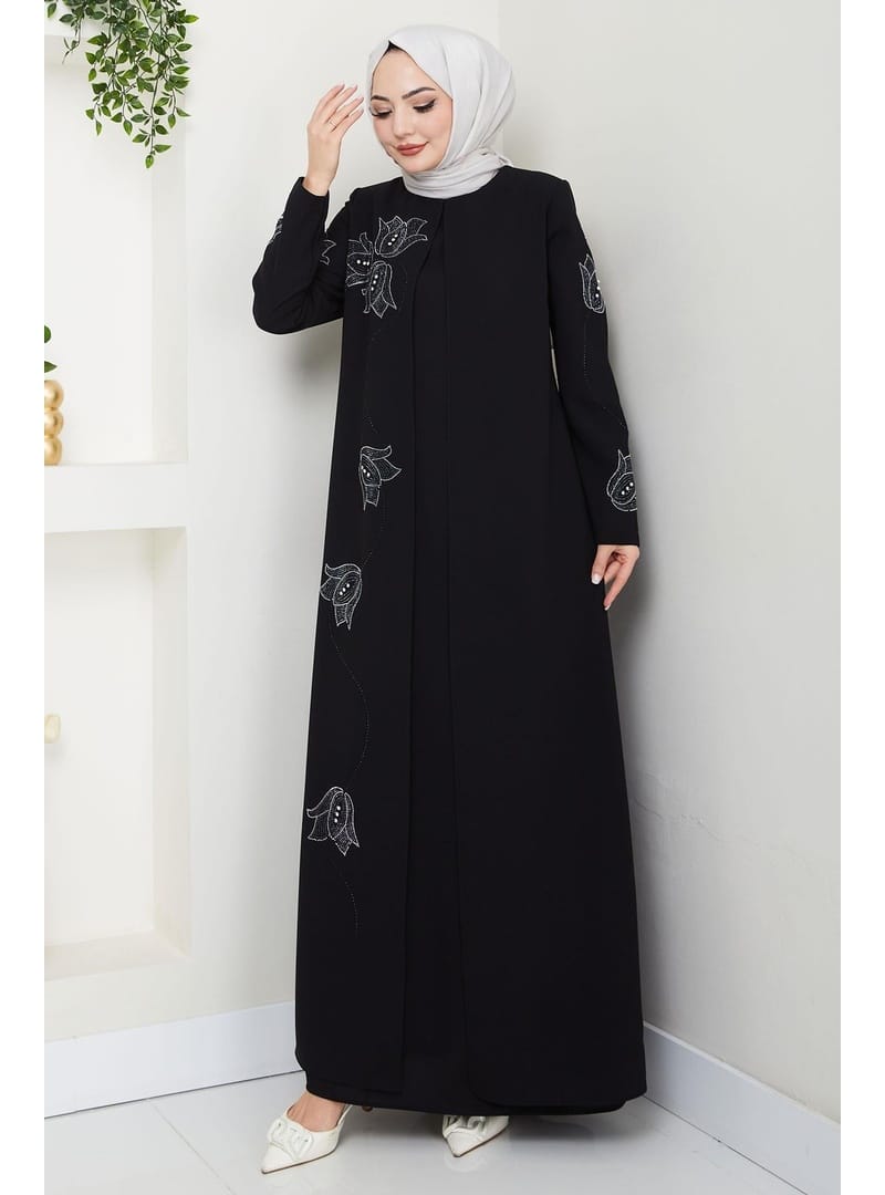 Büyük Beden Lale Taşlı Anne Elbisesi Siyah HM2692 - Resim 4