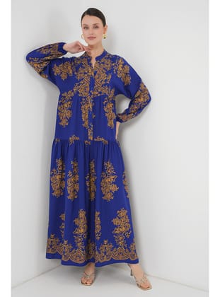 Saks Gold Desenli Tesettür Elbise 2423 C. Mor