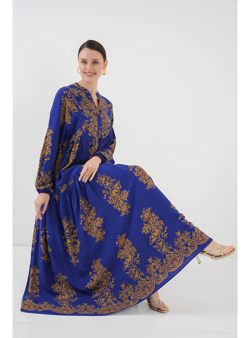Saks Gold Desenli Tesettür Elbise 2423 C. Mor - Resim 2