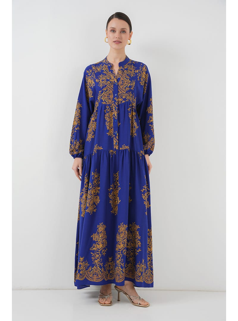 Saks Gold Desenli Tesettür Elbise 2423 C. Mor - Resim 3