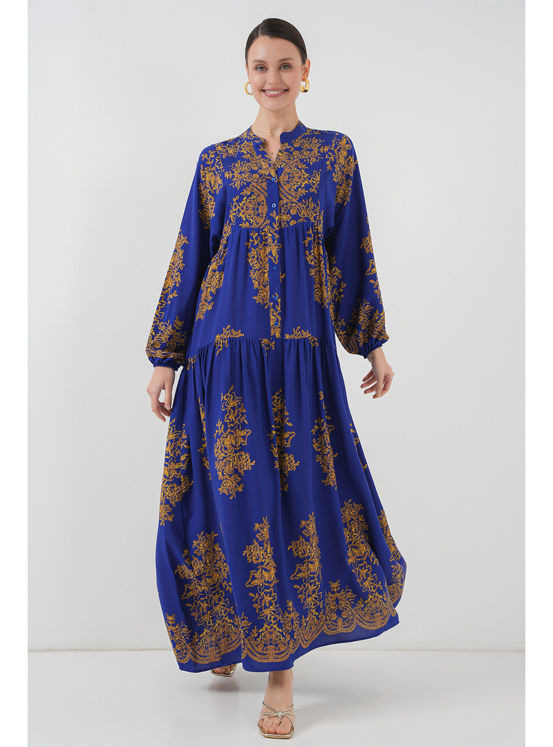 Saks Gold Desenli Tesettür Elbise 2423 C. Mor - Resim 4