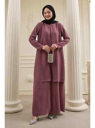 İncili Parça Detay Gül Kurusu Abaya