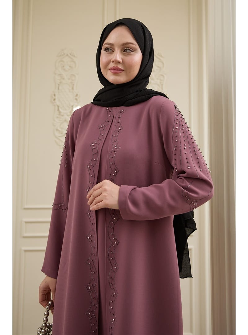 İncili Parça Detay Gül Kurusu Abaya - Resim 2