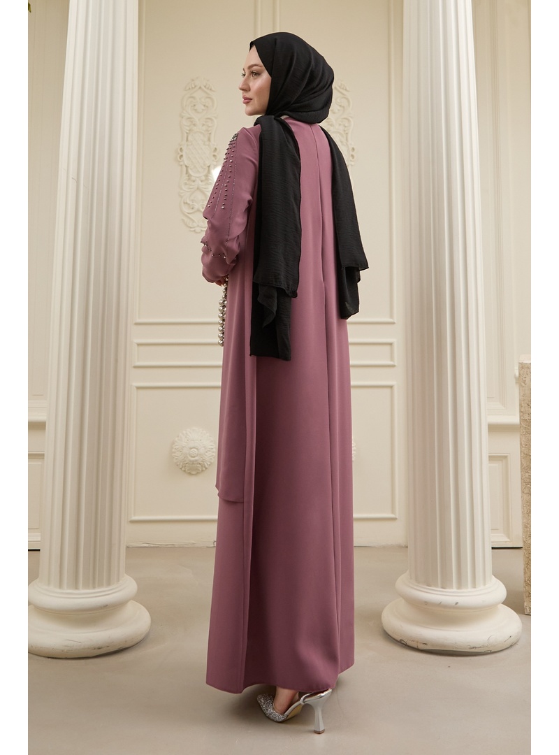 İncili Parça Detay Gül Kurusu Abaya - Resim 3