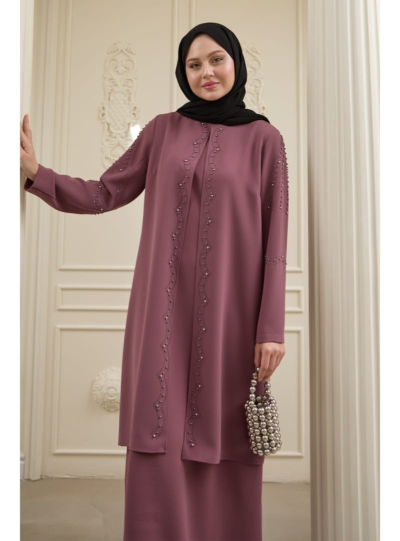 İncili Parça Detay Gül Kurusu Abaya - Resim 4