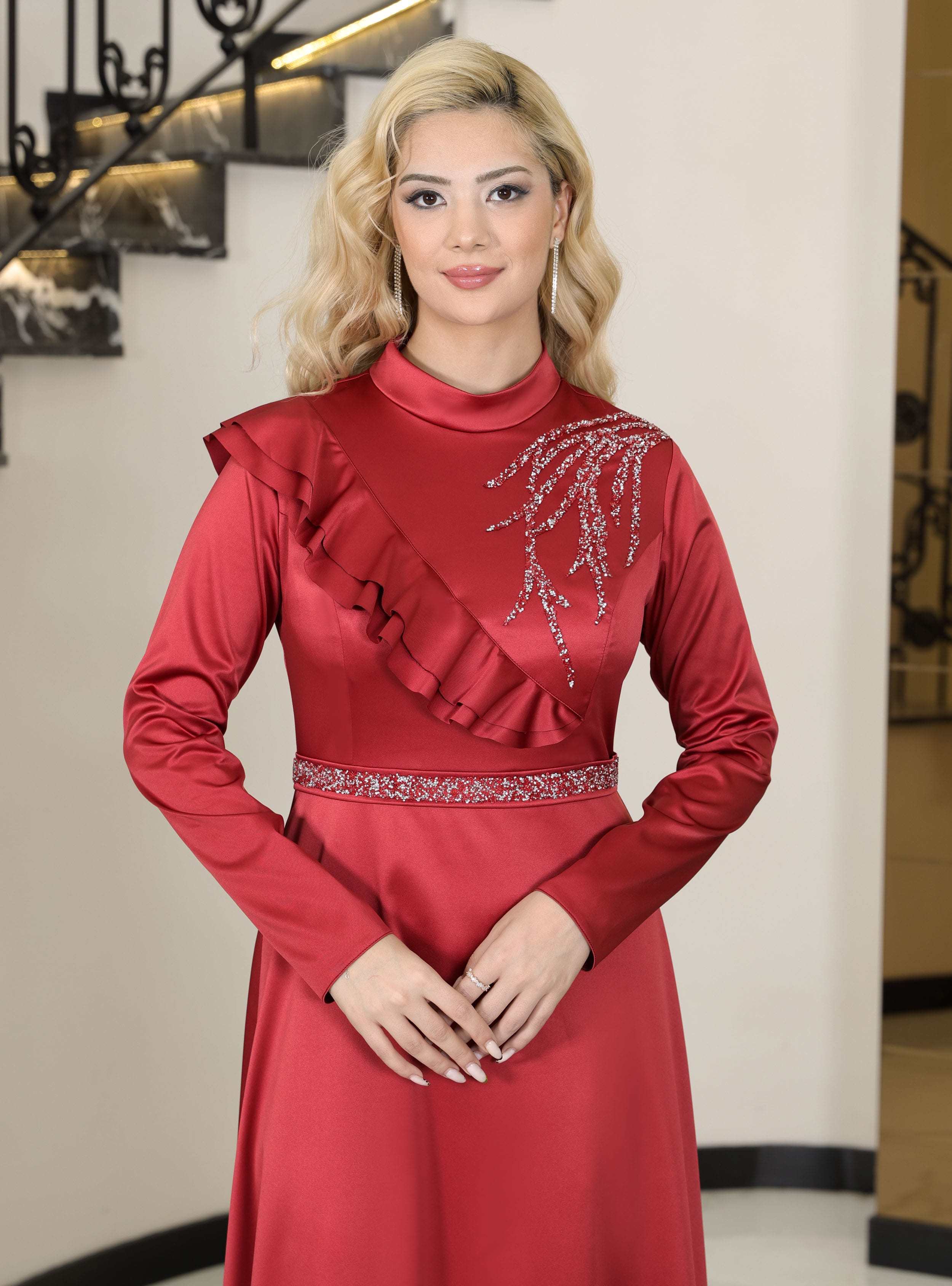 Ada Saten Abiye Elbise - Bordo - Elben Moda - Resim 2