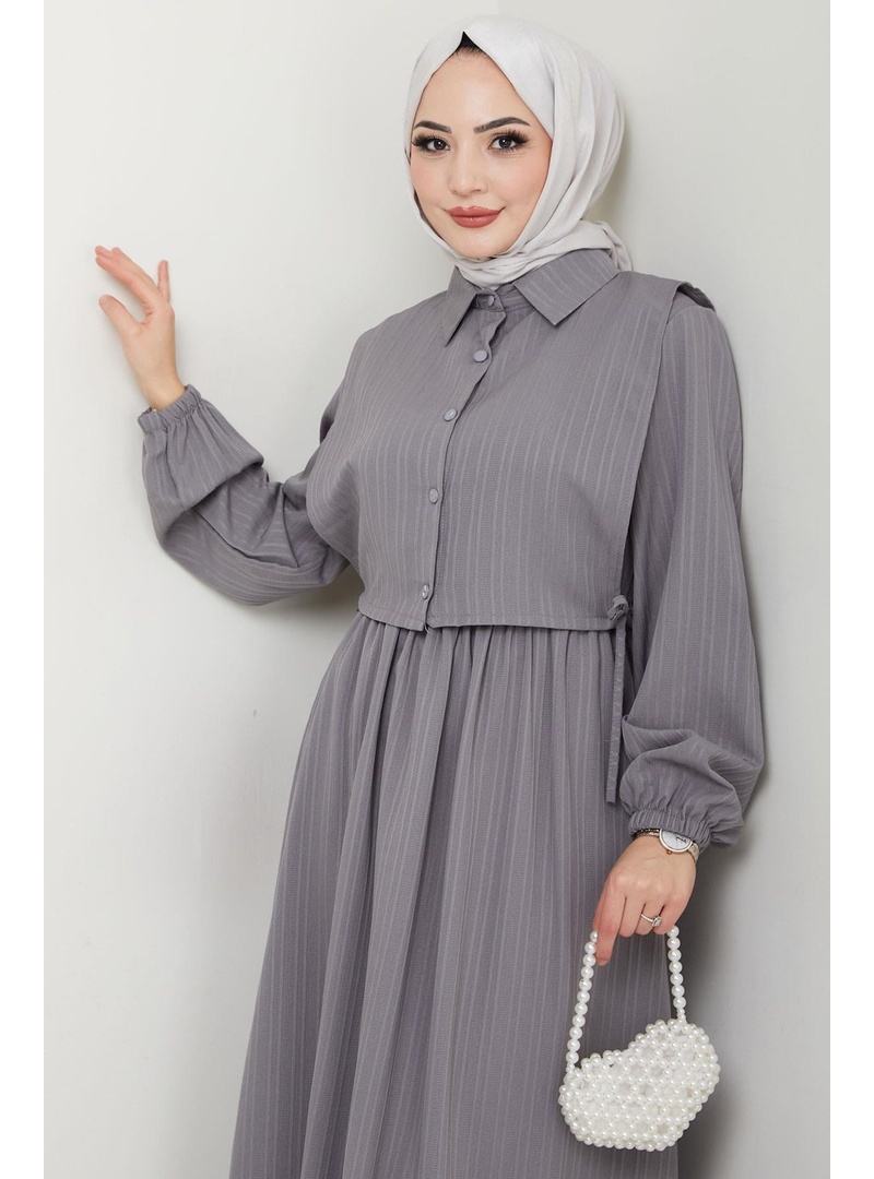 Bolerolu Beli Lastikli Elbise Gri HM2702 - Resim 3