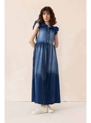 Fır Fır Detaylı Kolsuz Denim Elbise MAVİ 9296-E