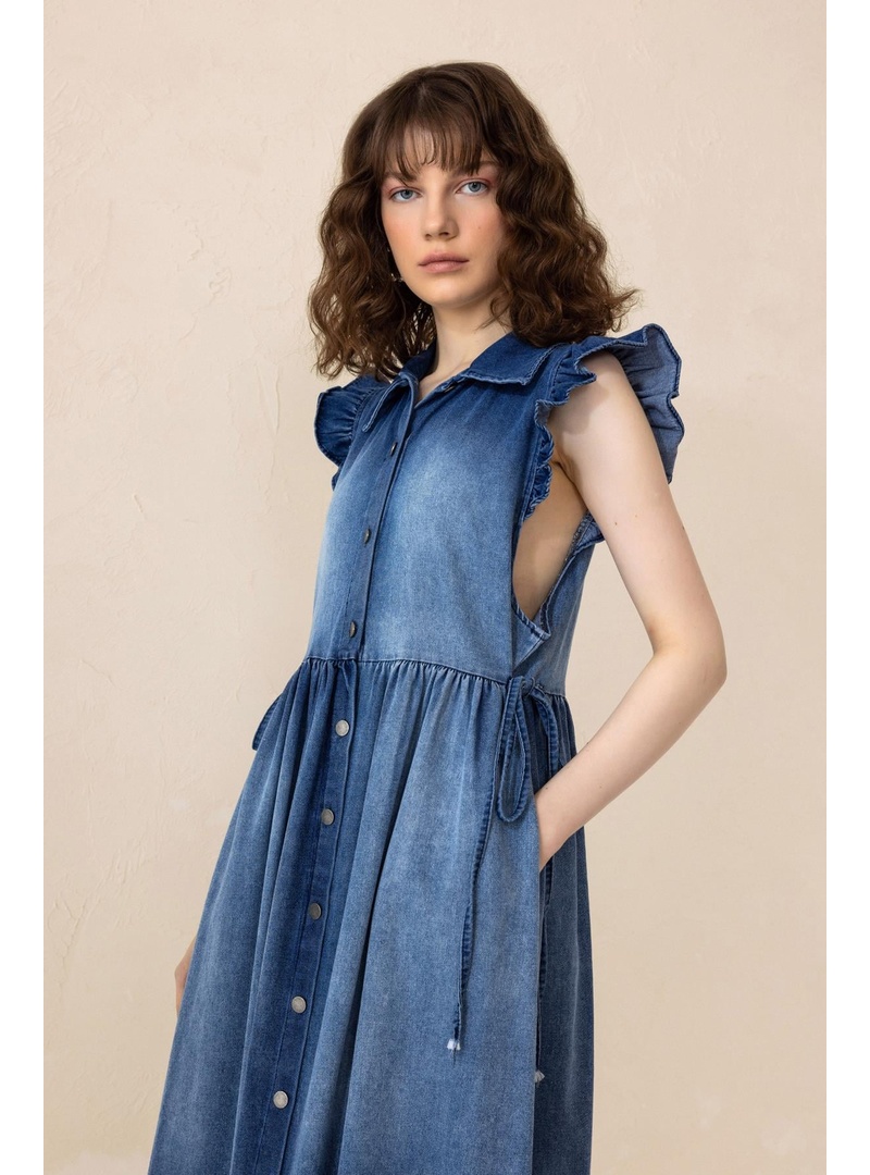 Fır Fır Detaylı Kolsuz Denim Elbise MAVİ 9296-E - Resim 3