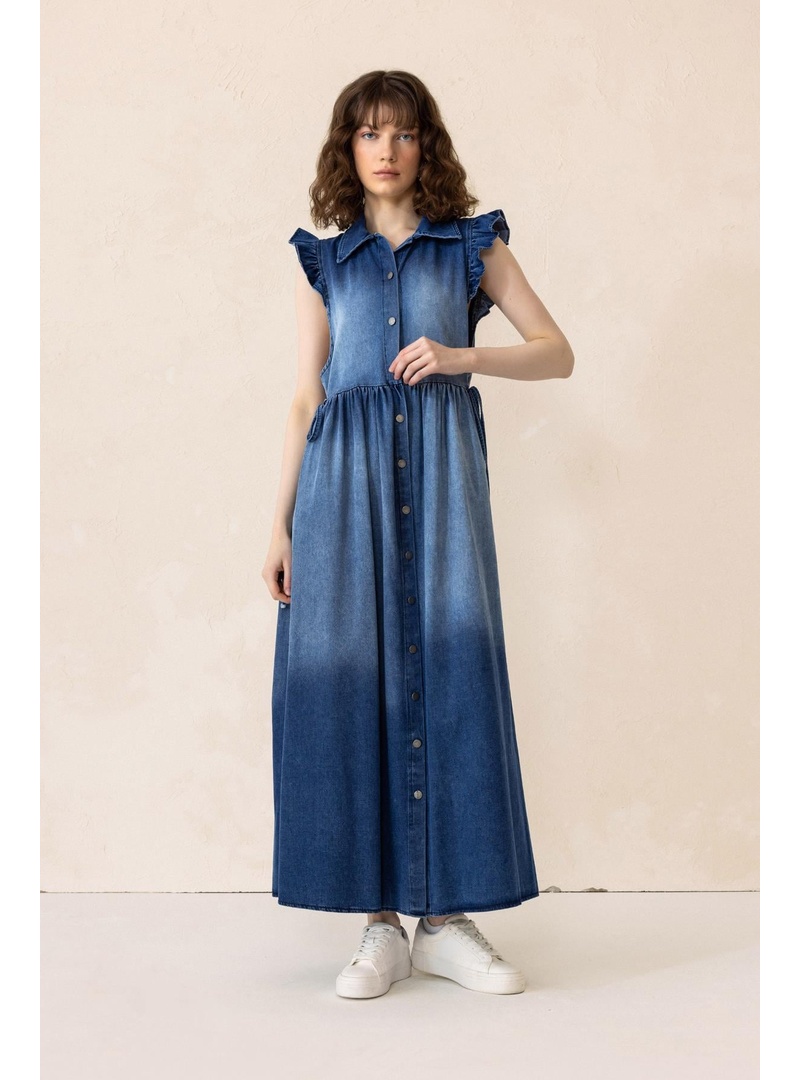 Fır Fır Detaylı Kolsuz Denim Elbise MAVİ 9296-E - Resim 4
