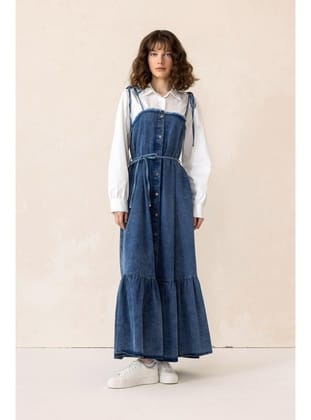 Gömlek Espirili Eteği Volanlı Denim Elbise MAVİ 9305-E