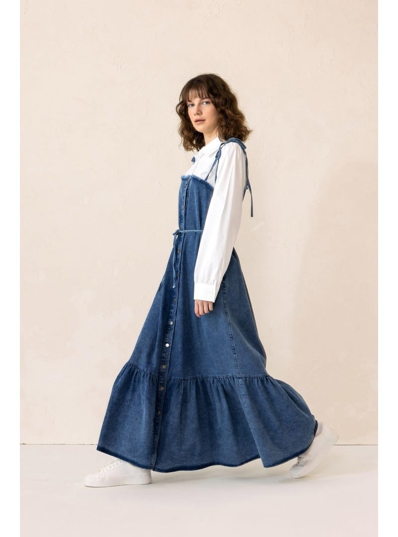 Gömlek Espirili Eteği Volanlı Denim Elbise MAVİ 9305-E - Resim 2