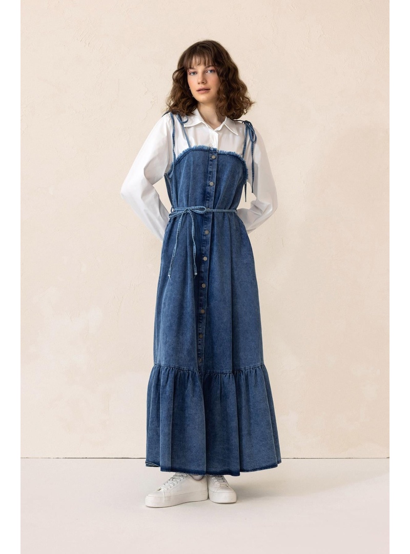 Gömlek Espirili Eteği Volanlı Denim Elbise MAVİ 9305-E - Resim 3