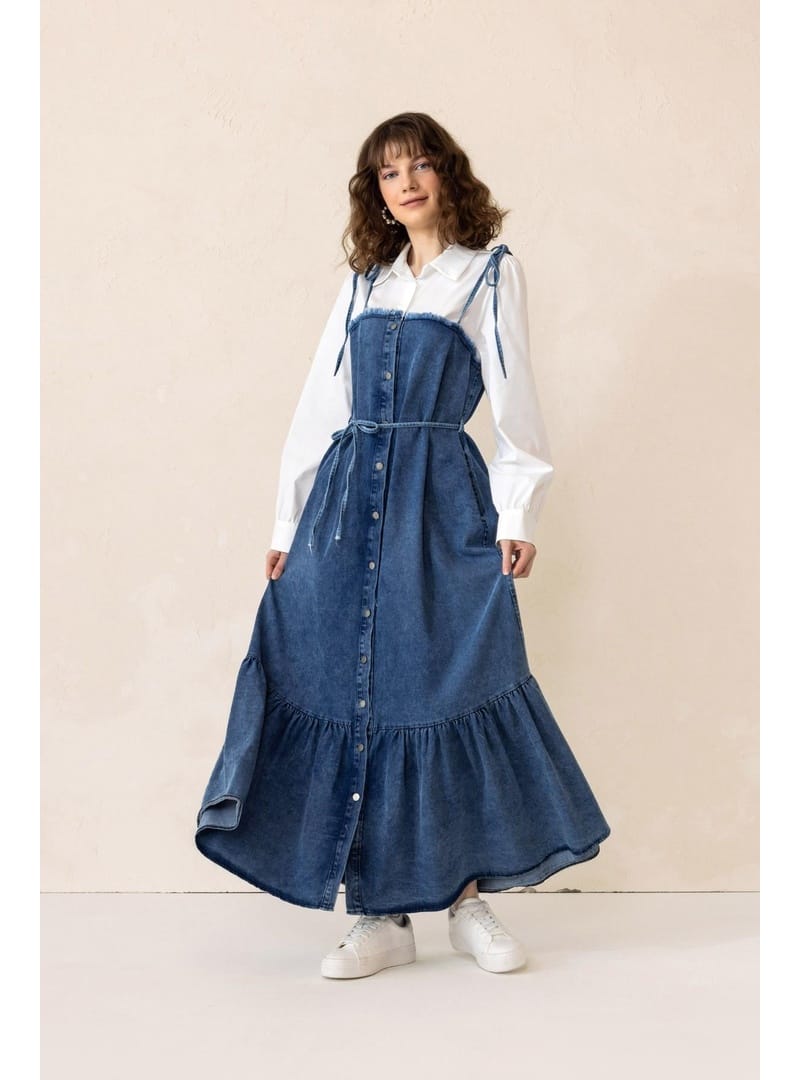 Gömlek Espirili Eteği Volanlı Denim Elbise MAVİ 9305-E - Resim 4