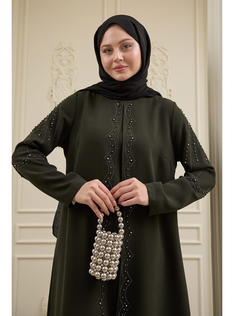 İncili Parça Detay Haki Abaya - Resim 2