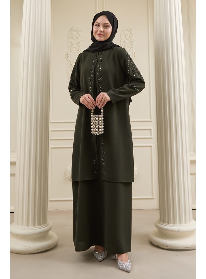 İncili Parça Detay Haki Abaya - Resim 4
