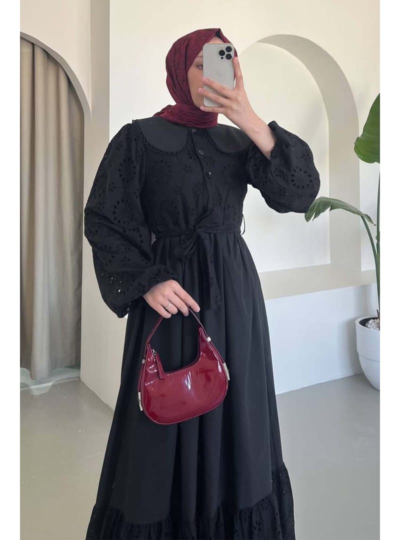 Brode Detaylı Bebe Yaka Elbise Siyah 1003-1 - Resim 2
