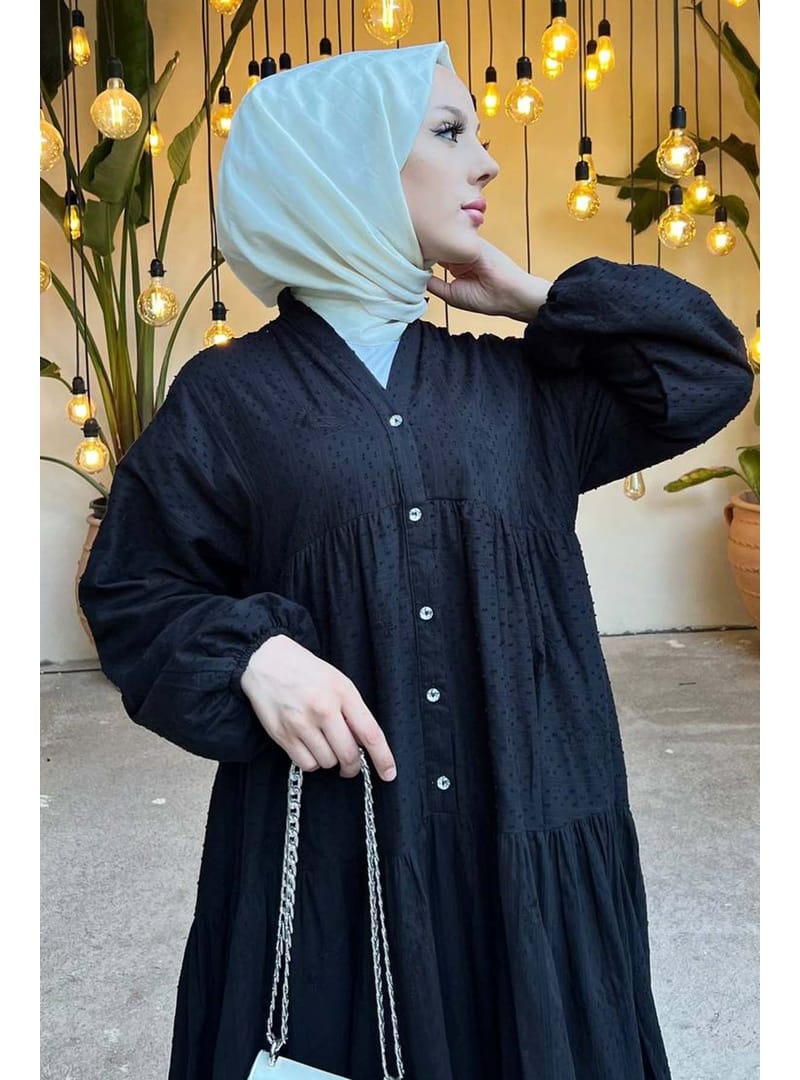 Çiçek Kabartma Desenli Elbise Siyah 1000 - Resim 2