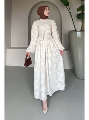 Çiçek Desenli Kesme Şifon Elbise Krem 1006-1