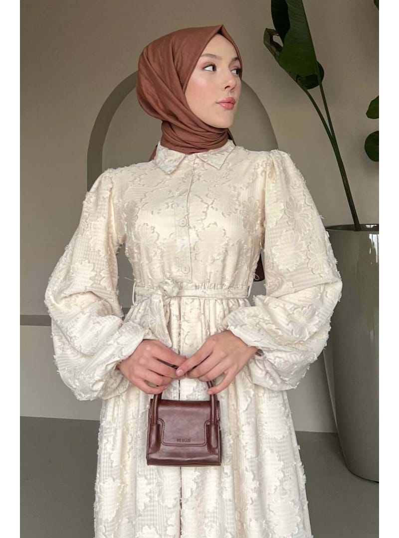 Çiçek Desenli Kesme Şifon Elbise Krem 1006-1 - Resim 2