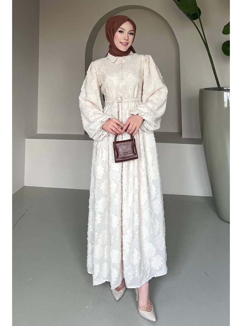 Çiçek Desenli Kesme Şifon Elbise Krem 1006-1 - Resim 3
