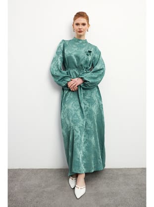 Gül Detaylı Jakar Elbise - Mint