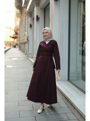 Kendinden Bağlamalı Poplin Elbise Mürdüm