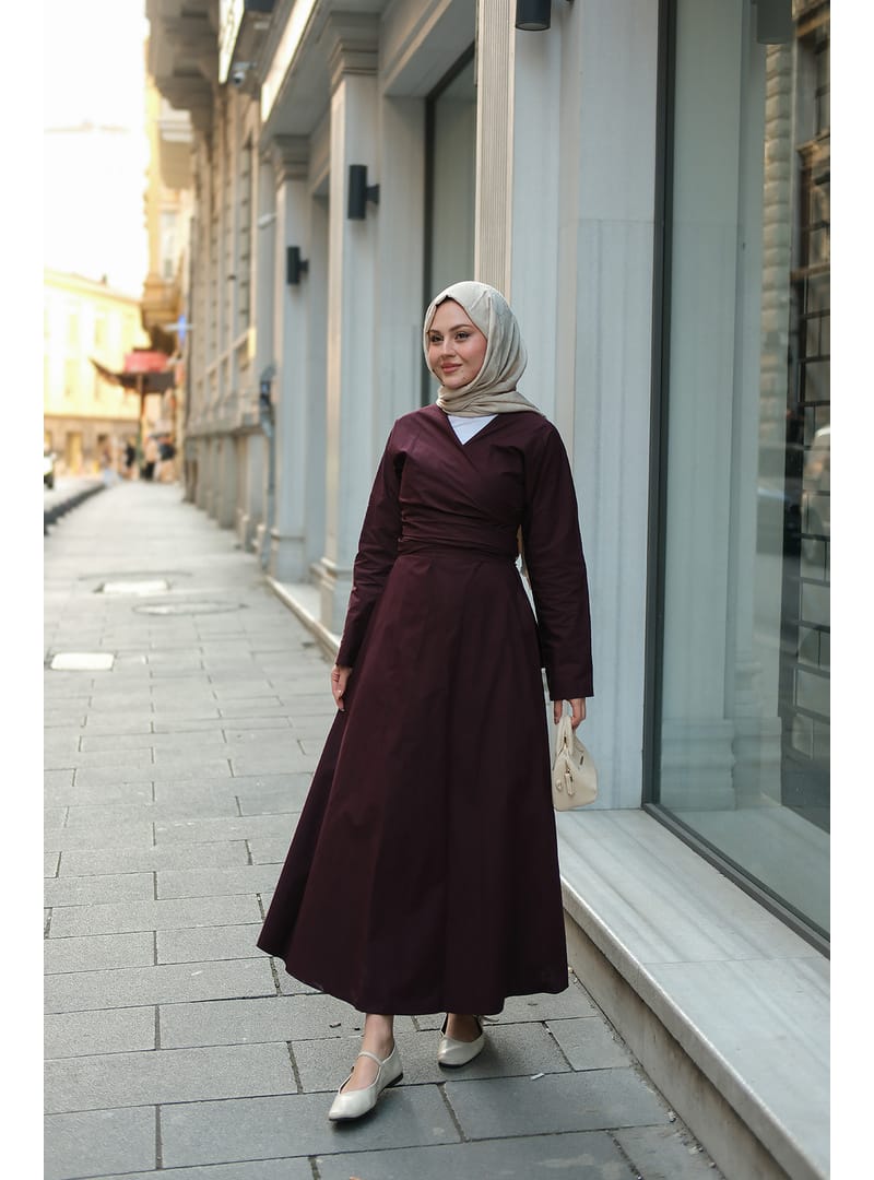Kendinden Bağlamalı Poplin Elbise Mürdüm - Resim 2