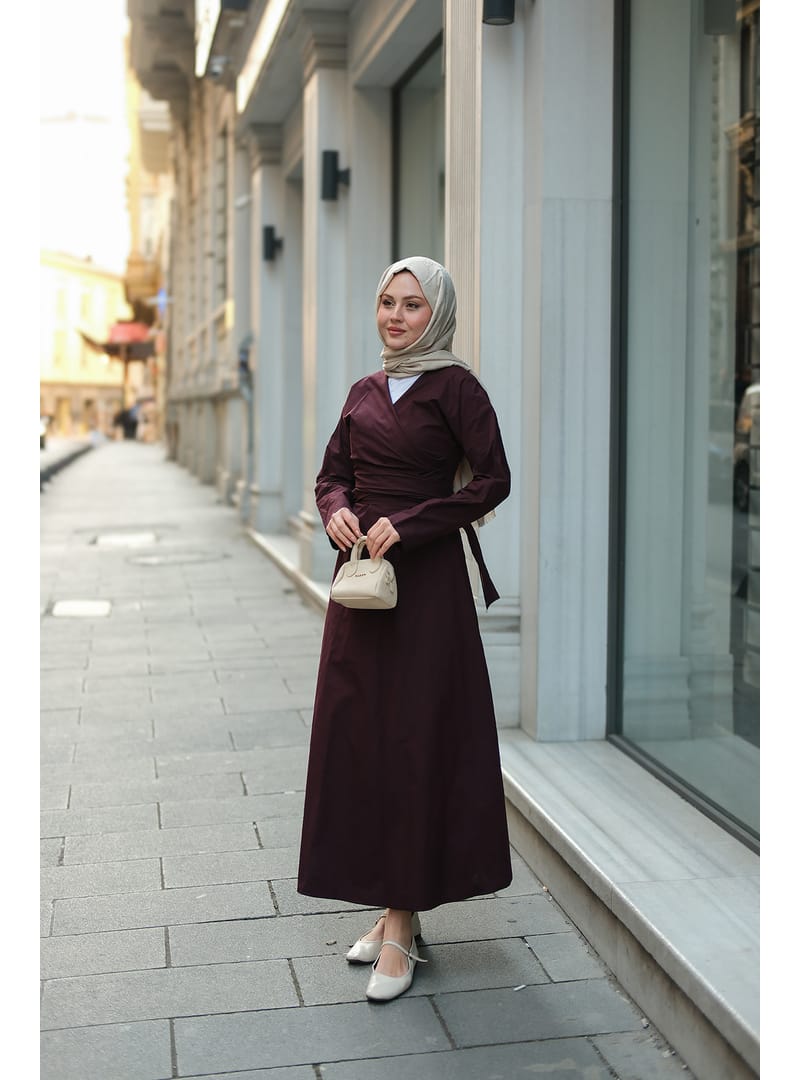 Kendinden Bağlamalı Poplin Elbise Mürdüm - Resim 3