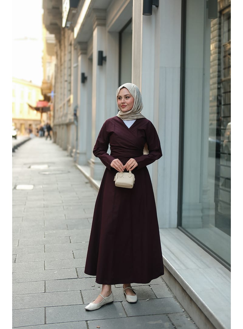 Kendinden Bağlamalı Poplin Elbise Mürdüm - Resim 4