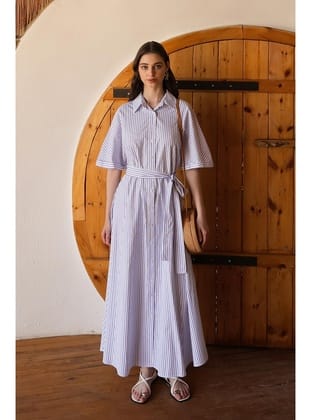 Kuşaklı Kısa Kollu Çizgili Poplin Elbise BEYAZ 9317-E