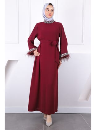 Bordo Kol Ve Yaka Taşlı  Taşlı Kuşaklı Abiye