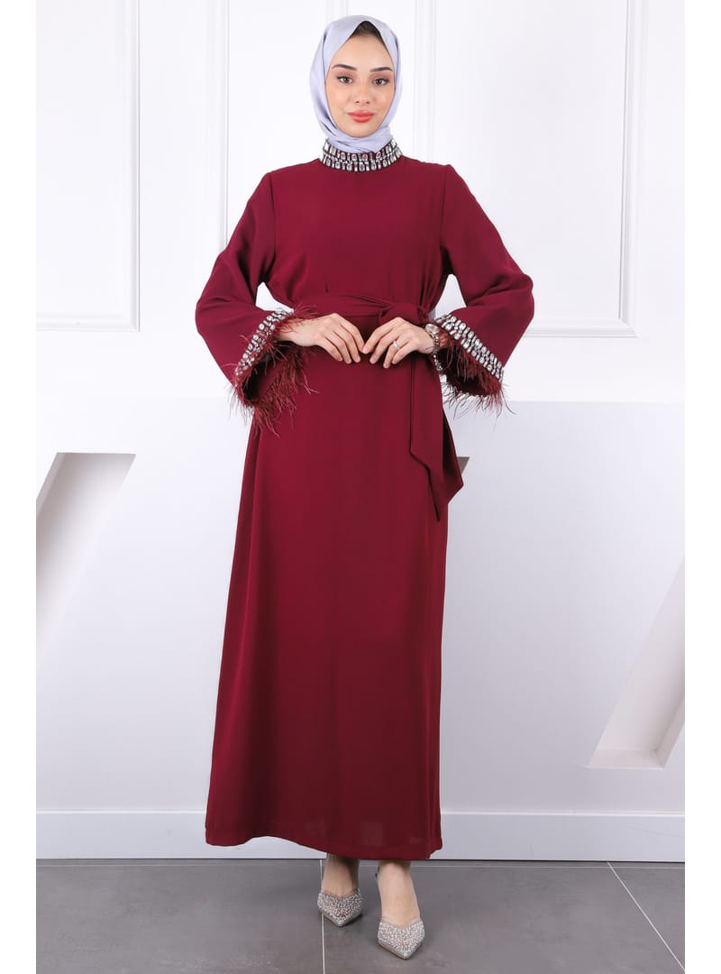 Bordo Kol Ve Yaka Taşlı  Taşlı Kuşaklı Abiye - Resim 2