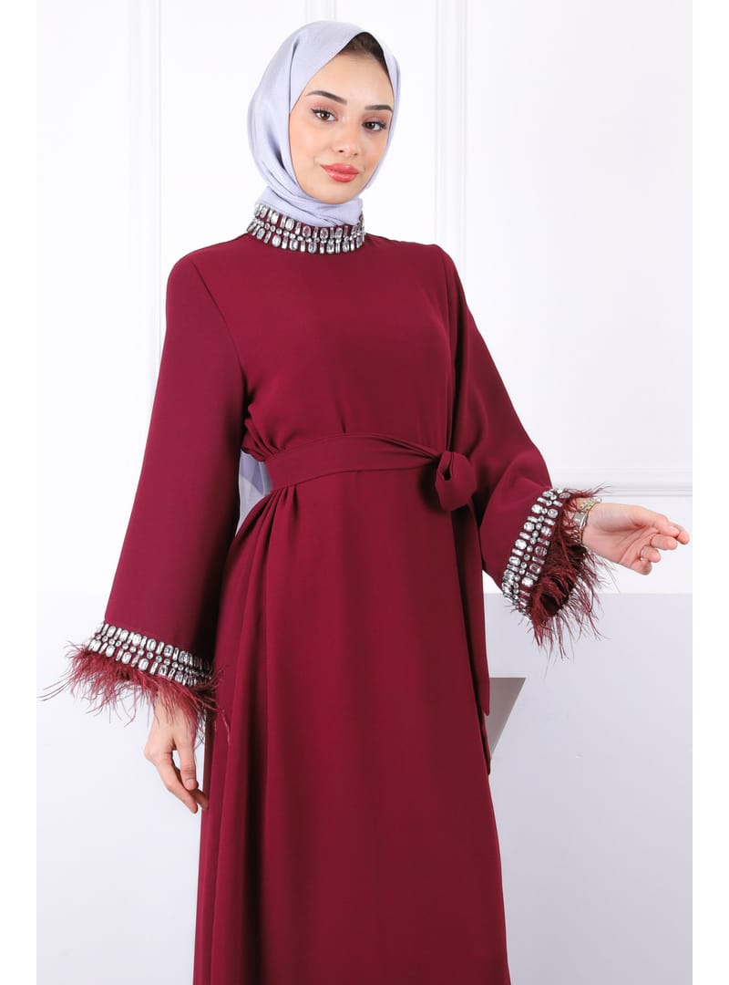 Bordo Kol Ve Yaka Taşlı  Taşlı Kuşaklı Abiye - Resim 4