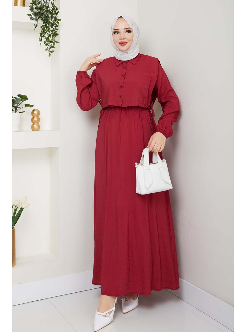 Yelekli Elbise Bordo 4735 - Resim 4