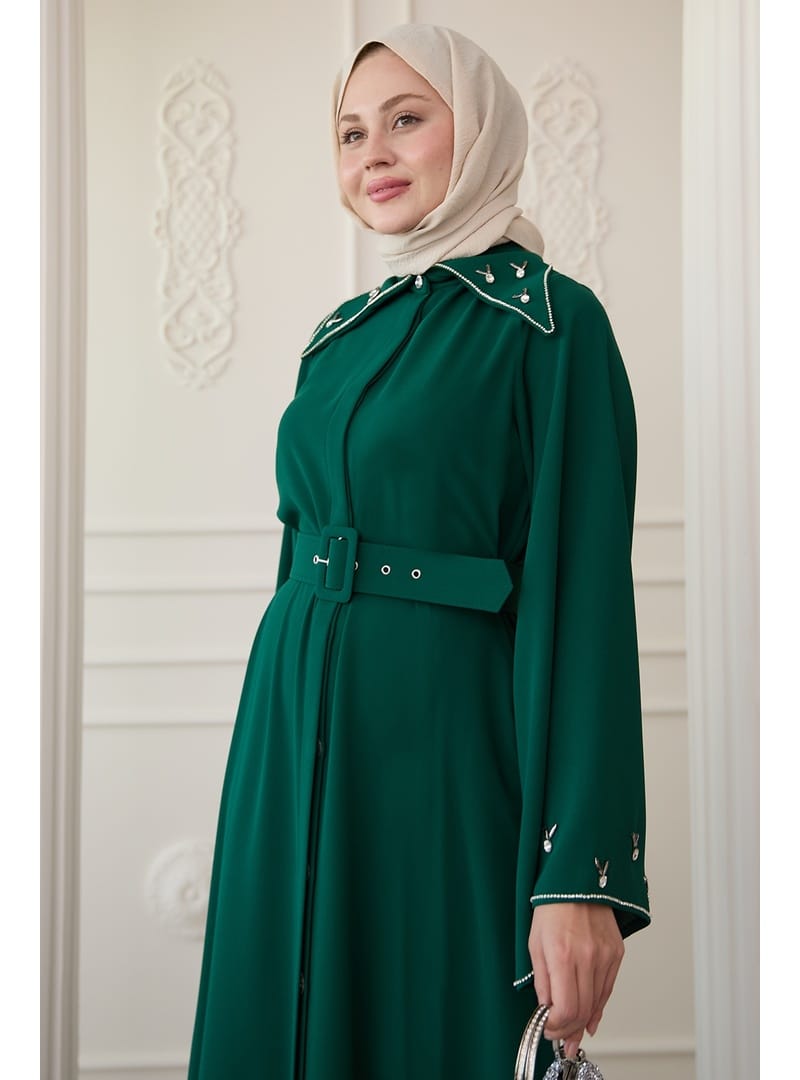 Üçgen Yaka Taşlı Zümrüt Yeşili Abaya - Resim 2