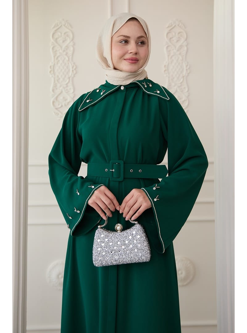 Üçgen Yaka Taşlı Zümrüt Yeşili Abaya - Resim 3