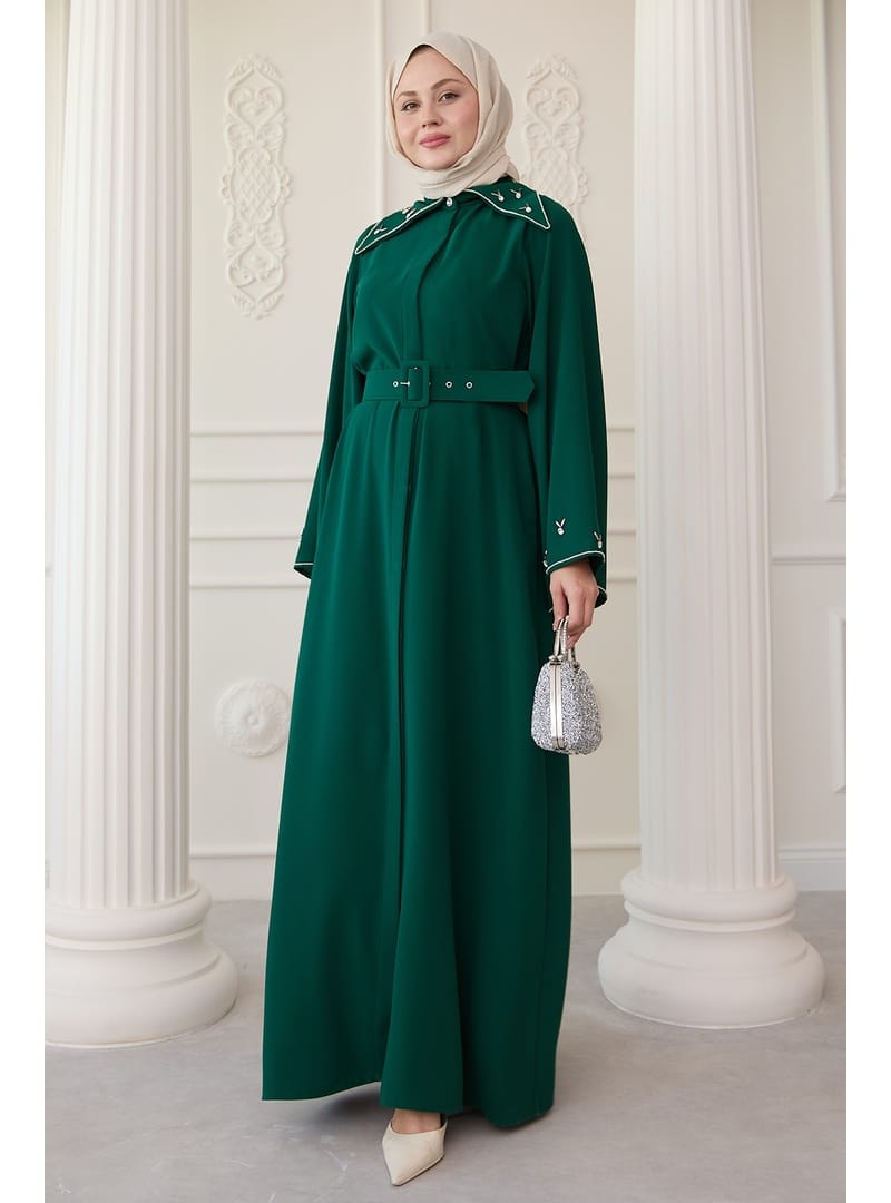 Üçgen Yaka Taşlı Zümrüt Yeşili Abaya - Resim 4