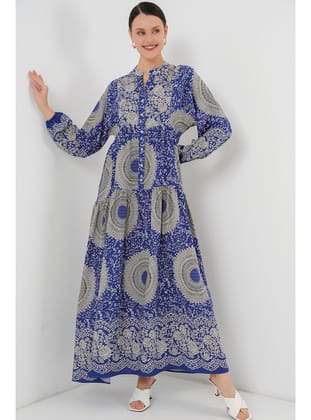 2423 Otantik Desenli Tesettür Elbise - Saks 4 Saks 4