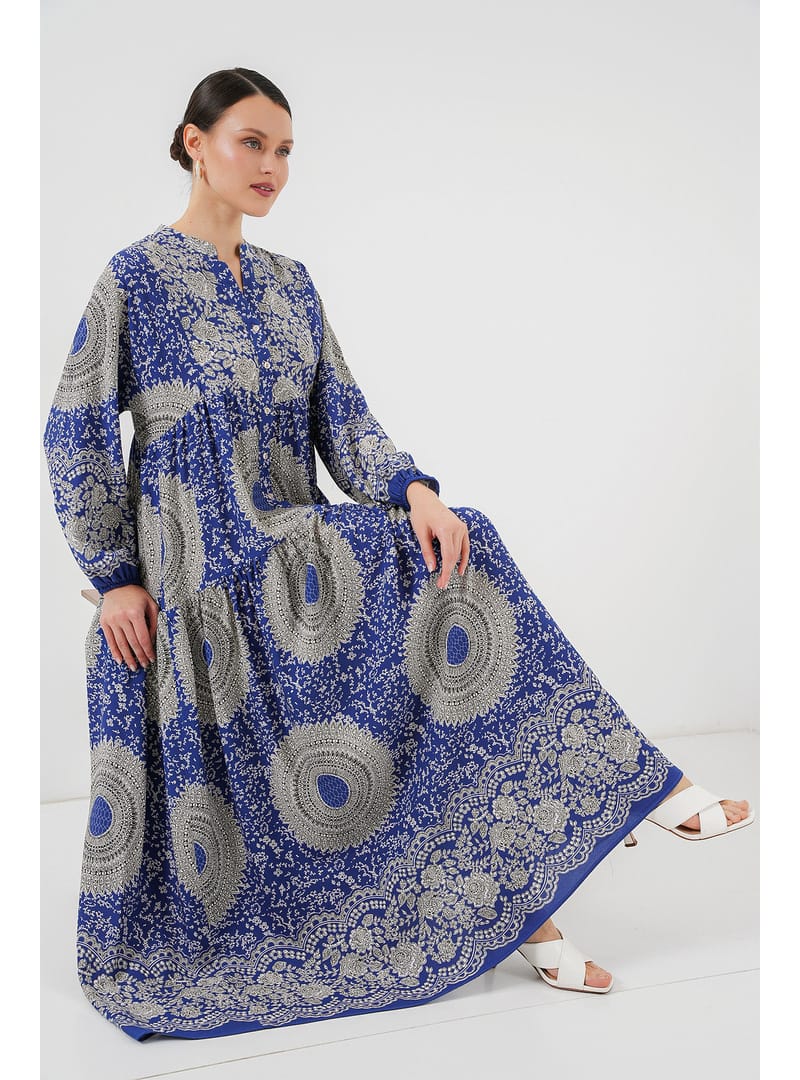 2423 Otantik Desenli Tesettür Elbise - Saks 4 Saks 4 - Resim 2