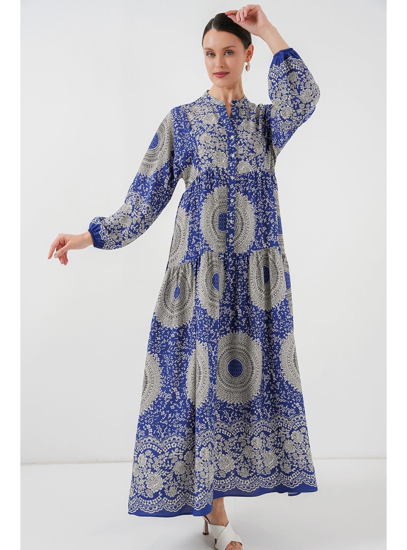 2423 Otantik Desenli Tesettür Elbise - Saks 4 Saks 4 - Resim 3