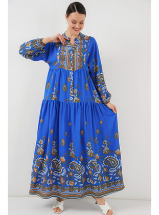 2423 Otantik Desenli Tesettür Elbise - Saks 1 Saks 1