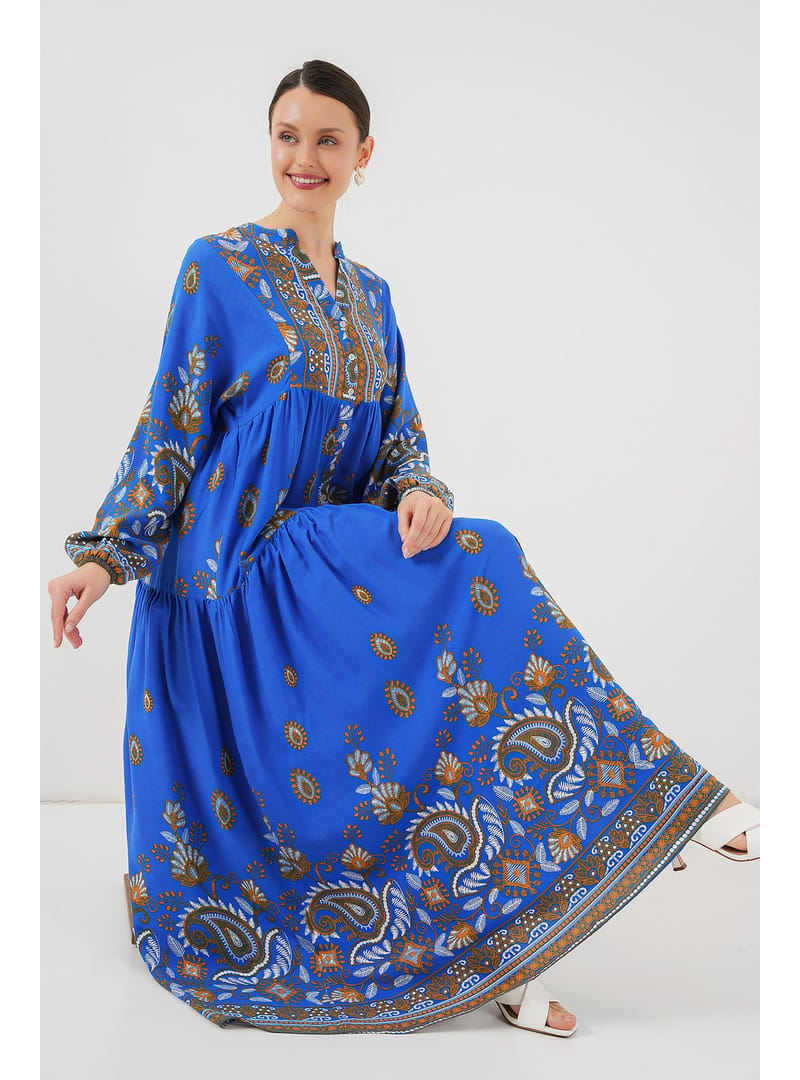 2423 Otantik Desenli Tesettür Elbise - Saks 1 Saks 1 - Resim 2