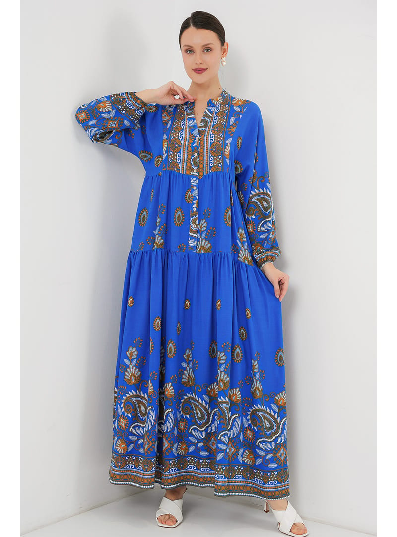 2423 Otantik Desenli Tesettür Elbise - Saks 1 Saks 1 - Resim 3