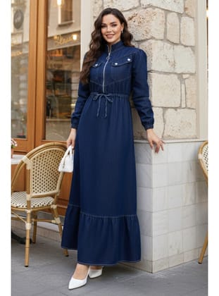 Beli Bağcıklı Cepli Kot Elbise Lacivert 6116