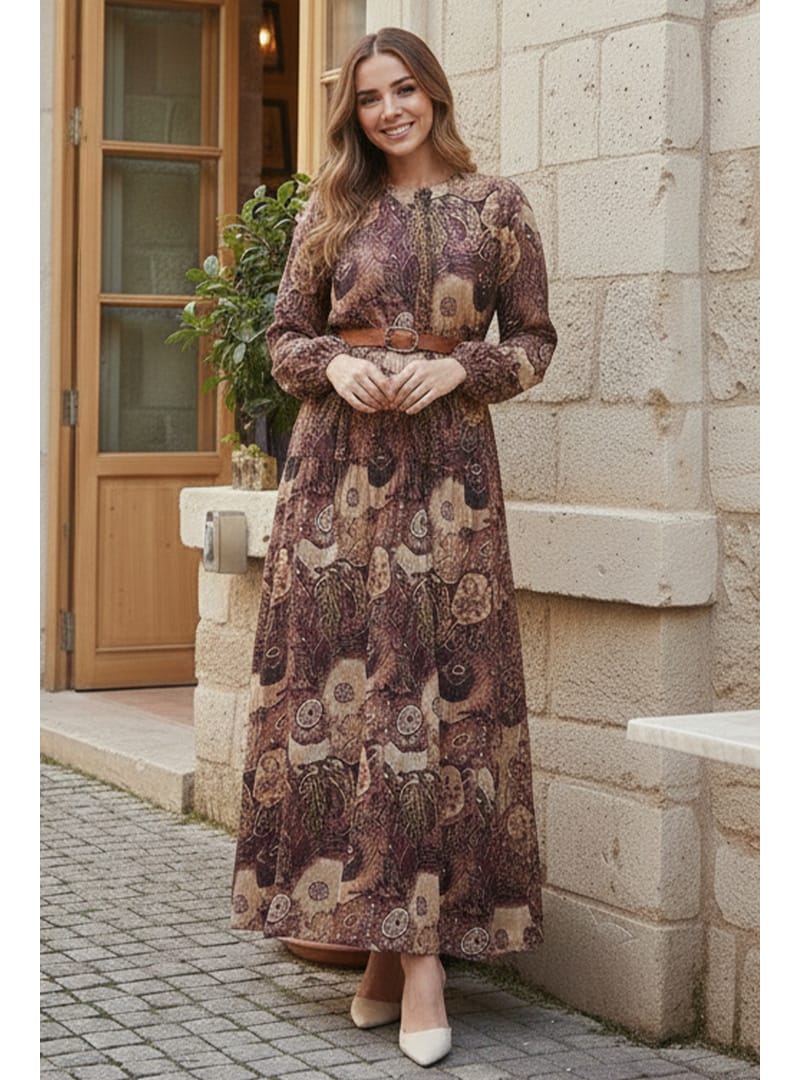 Desenli Kemerli Elbise Kahverengi 4830 - Resim 3