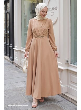 Kruvaze Yaka Zincir Kemerli Camel Elbise