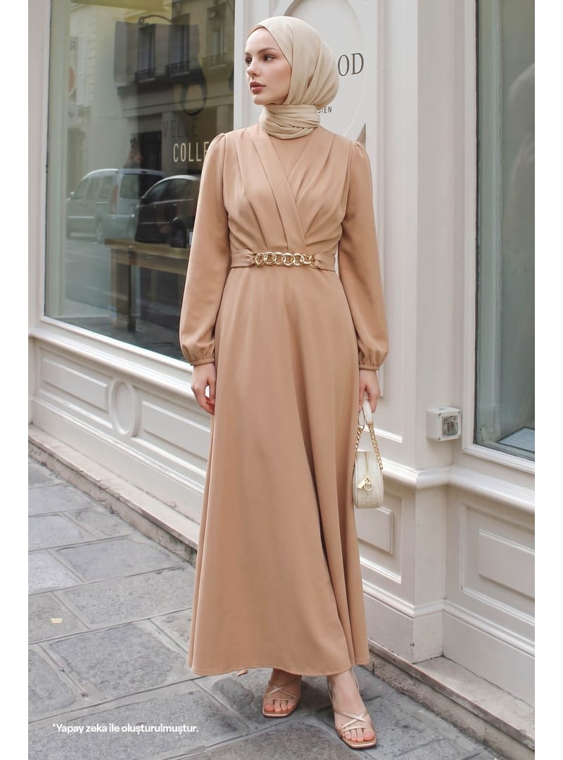 Kruvaze Yaka Zincir Kemerli Camel Elbise - Resim 2