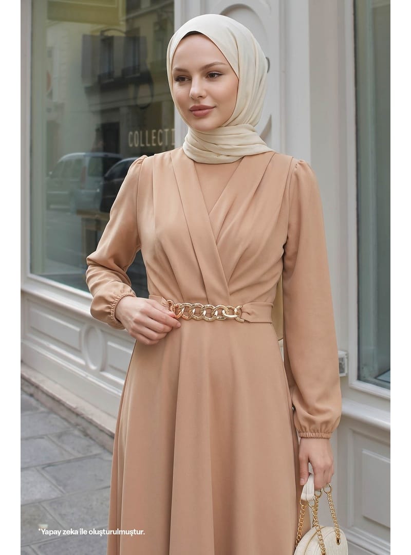 Kruvaze Yaka Zincir Kemerli Camel Elbise - Resim 3